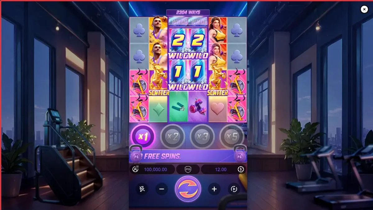 Interface do jogo Mighty Mania com elementos de academia e luzes neon