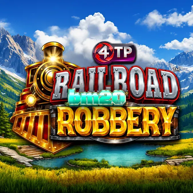 Interface do jogo de slot Railroad Robbery com o trem em movimento acima das bobinas